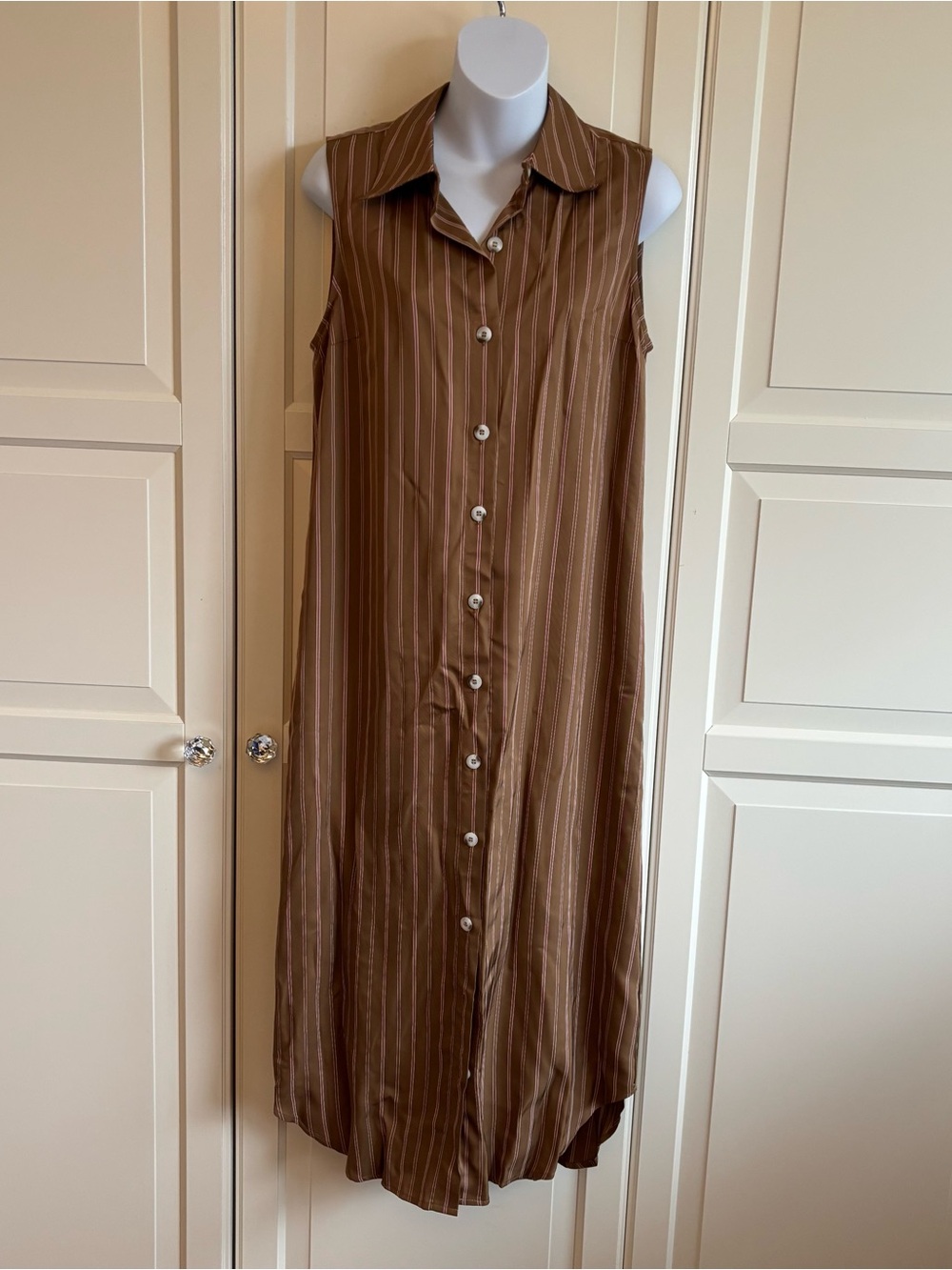 Wyeth Brown Pinstripe Shirt Dress Pink Detail NWT Sz M Coastal Cottagecore - Picture 4 of 14